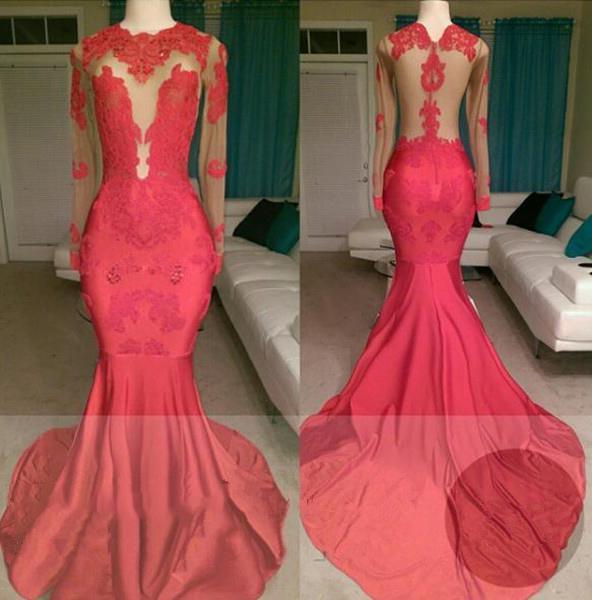 Bridesmaid Dress Online, 2024 Red Mermaid See Through Long Sleeves Satin Appliques Long Prom Dresses