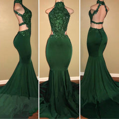 Summer Wedding Color, Sexy High Neck Green Backless Mermaid Elastic Satin Appliques Long African Prom Dresses