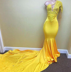 Bridesmaids Dresses Near Me, Charming One Shoulder Yellow See Through Mermaid Long Prom Dresses