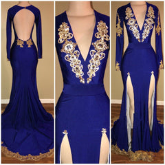 Formal Dresses Outfit Ideas, Amazing Royal Blue Sheath Slit Deep V Neck With Gold Beaded Backless Long Sleeves Long Prom Dresses