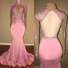 Formal Dress Store, Alluring Pink Mermaid Long Sleeves Backless Elastic Satin Open Front High Neck 2024 Prom Dresses