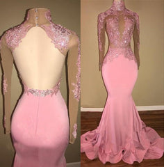 Bridesmaid Dress Color Schemes, Alluring Pink Mermaid Long Sleeves Backless Elastic Satin Open Front High Neck Prom Dresses