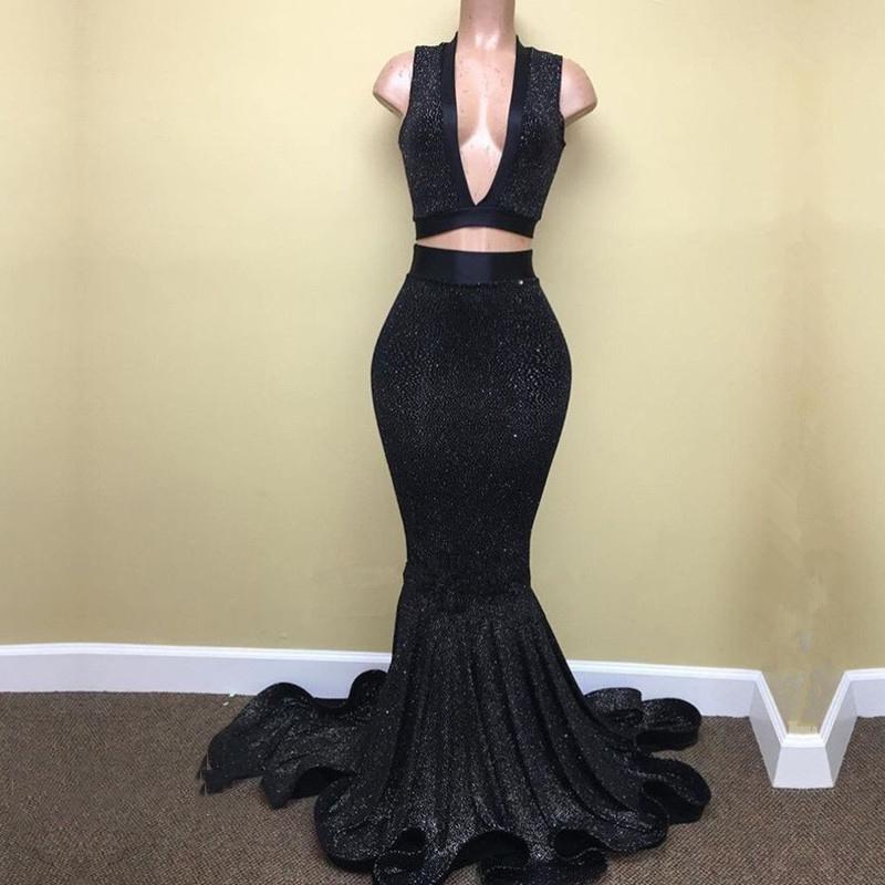 Bridesmaid Dress Mismatched, Sexy Mermaid Black V Neck Two Pieces Sequence Long Prom Dresses