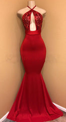 Bridesmaids Dresses Floral, Sexy Red Mermaid Halter Open Front Satin Prom Dresses With Sequence