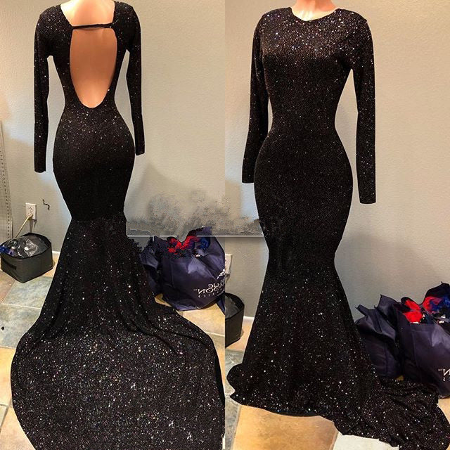 Wedding Photography, Shiny Black Mermaid Long Sleeves Round Neck Backless Long Sequence Prom Dresses