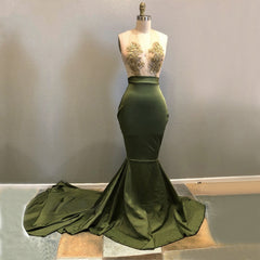 Formal Dress Attire, Long Green Halter Deep V Neck Elastic Satin With Appliques Backless Prom Dresses