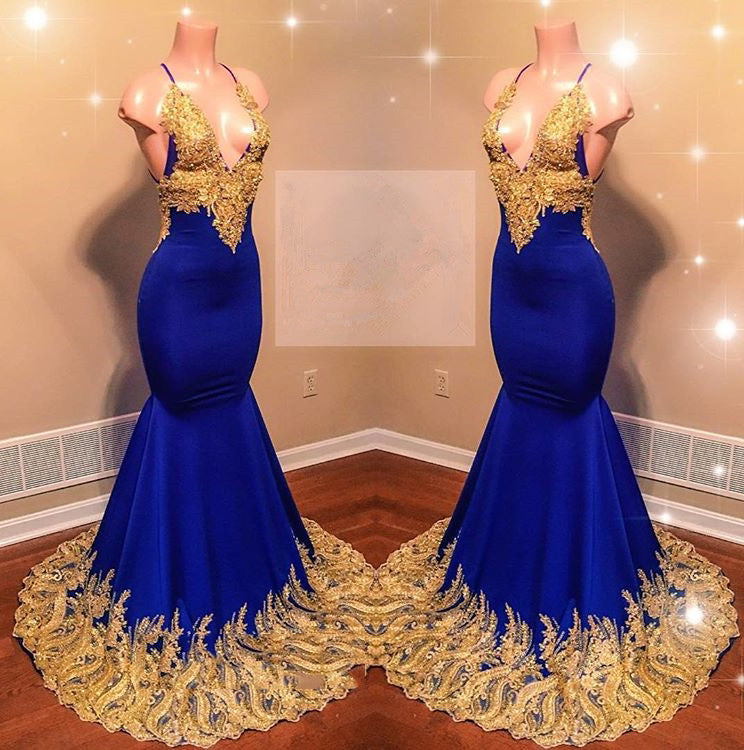 Bridesmaids Dress Modest, Amazing Royal Blue Mermaid With Gold Appliques Sweetheart Spaghetti Straps Backless Prom Dresses