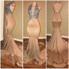 Formal Dress Websites, Champagne With Silver Appliques Mermaid Deep V Open Front Backless Long Prom Dresses
