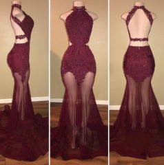Bridesmaid Dresses Different Styles, Burgundy Mermaid See Through Backless Tulle African Prom Dresses