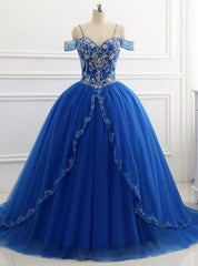 Small Wedding Ideas, Elegant Off Shoulder Tulle Royal Blue Beaded Sweetheart Ball Gown Prom Dresses