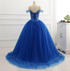 Plu Size Wedding Dress, Elegant Off Shoulder Tulle Royal Blue Beaded Sweetheart Ball Gown Prom Dresses