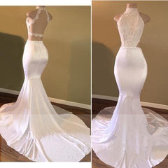 Bridesmaid Dress Color Scheme, White Mermaid Backless Long African High Neck Lace Long Prom Dresses