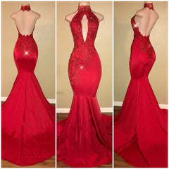 Pretty Prom Dress, Sexy Mermaid Red High Neck Backless African Open Front Long Prom Dresses