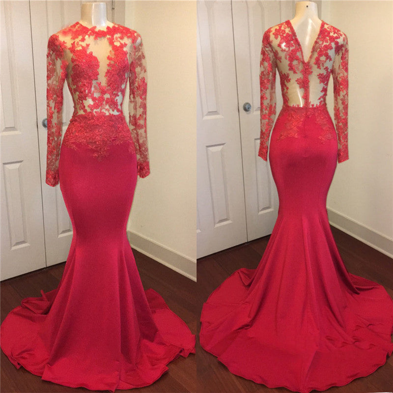 Bridesmaids Dress Floral, Sexy Mermaid Red See Through Zipper Long Sleeves Long African Prom Dresses
