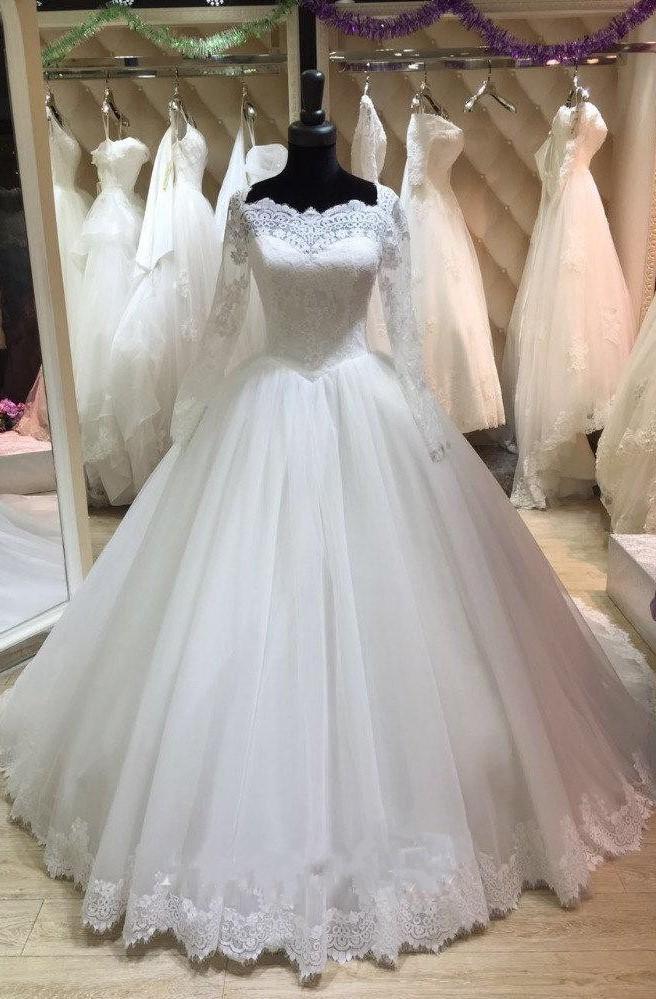 Wedding Dress Lace, Elegant Long Sleeves Lace White Ball Dresses