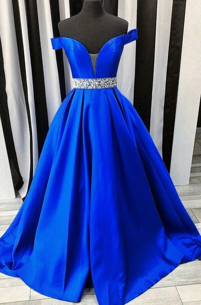 Bridesmaid Dresses Wedding, 2024 New Arrival A Line Satin Royal Blue Sweetheart Off Shoulder Beaded Long Prom Dresses