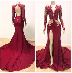 Bridesmaids Dresses Fall Colors, 2024 Sexy Sheath Long Sleeves Burgundy and Gold Appliques Side Slit Deep V Neck African American Backless Prom Dresses