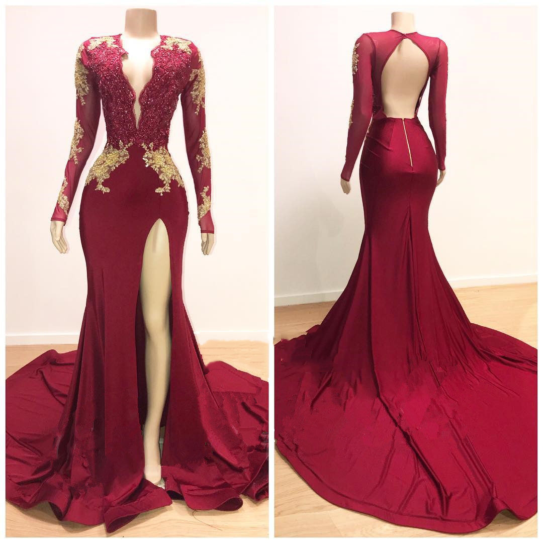 Formal Dress Long Gown, 2024 Sheath Long Sleeves Burgundy and Gold Appliques Side Slit Deep V Neck African American Backless Prom Dresses
