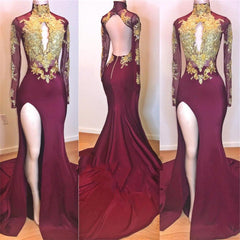 Bridesmaid Dresses Elegant, 2024 Amazing Burgundy and Gold Appliques Long Sleeves High Neck Side Slit African American Prom Dresses