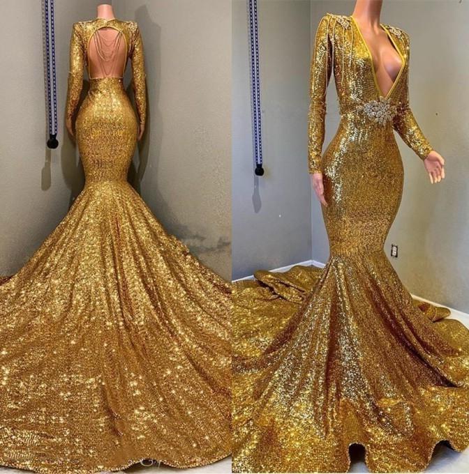 Bridesmaid Dressing Gown, 2024 Sexy Mermaid Gold V Neck Backless Long Sleeves Sequence African American Prom Dresses
