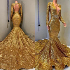 Spring Wedding Color, 2024 Sexy Mermaid Gold V Neck Backless Long Sleeves Sequence African American Prom Dresses