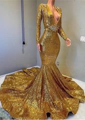 Ball Dress, 2024 Sexy Mermaid Gold V Neck Backless Long Sleeves Sequence African American Prom Dresses