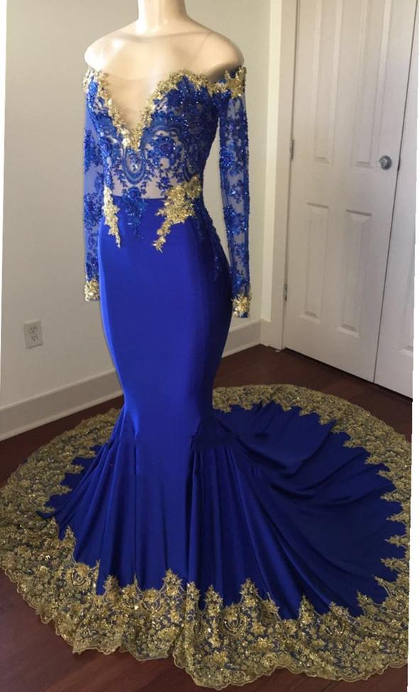 Bridesmaids Dresses Summer Wedding, 2024 Sexy Mermaid Royal Blue And Gold Appliques Long Sleeves V Neck Off Shoulder Prom Dress