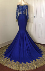 Bridesmaid Dresses Winter, 2024 Sexy Mermaid Royal Blue And Gold Appliques Long Sleeves V Neck Off Shoulder Prom Dress