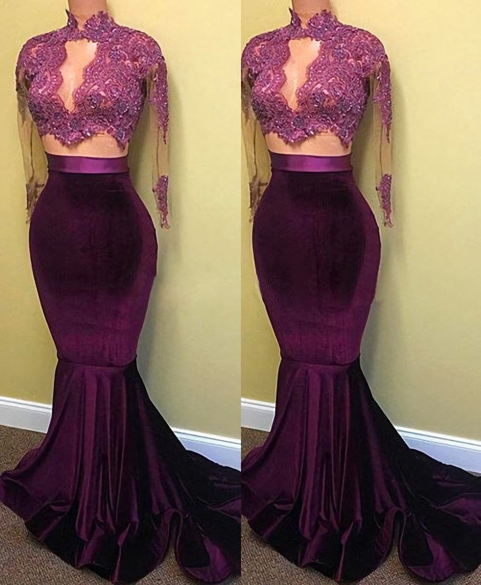 Formal Dress Idea, Two Piece Long Sleeve Mermaid Turtle Neck Applique Prom Dresses