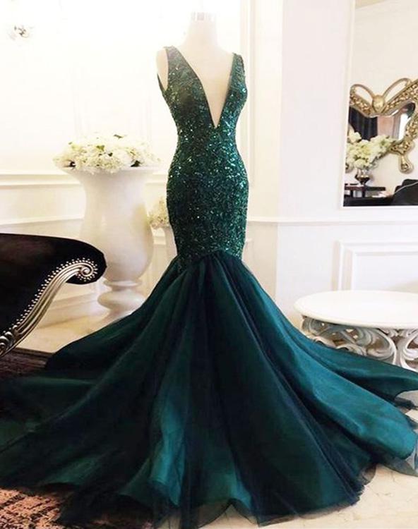 Unique Prom Dress, 2024 Unique Dark-Green Sequins Beaded V Neck Sleeveless Tulle Mermaid/Trumpet Prom Dresses