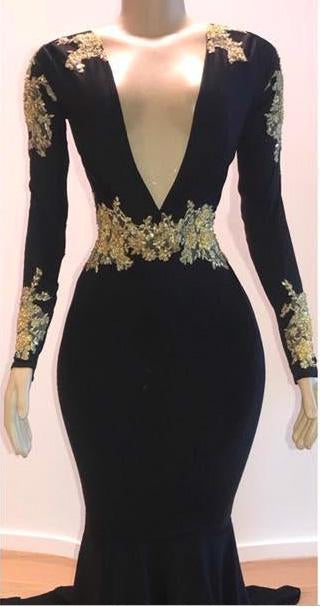 Gold Dress, 2024 Black Mermaid/Trumpet Long Sleeve V Neck Applique Elastic Satin Prom Dresses