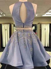 Silk Dress, 2024 A-Line/Princess Jewel Neck Sleeveless Cut Out Back Beading Two Piece Cut Short/Mini Homecoming Dresses