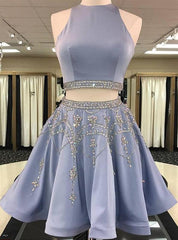 Light Blue Prom Dress, 2024 A-Line/Princess Jewel Neck Sleeveless Cut Out Back Beading Two Piece Cut Short/Mini Homecoming Dresses
