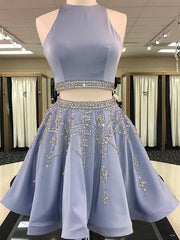Party Dress And Style, 2024 A-Line Jewel Neck Sleeveless Cut Out Back Beading Two Piece Cut Short/Mini Homecoming Dresses