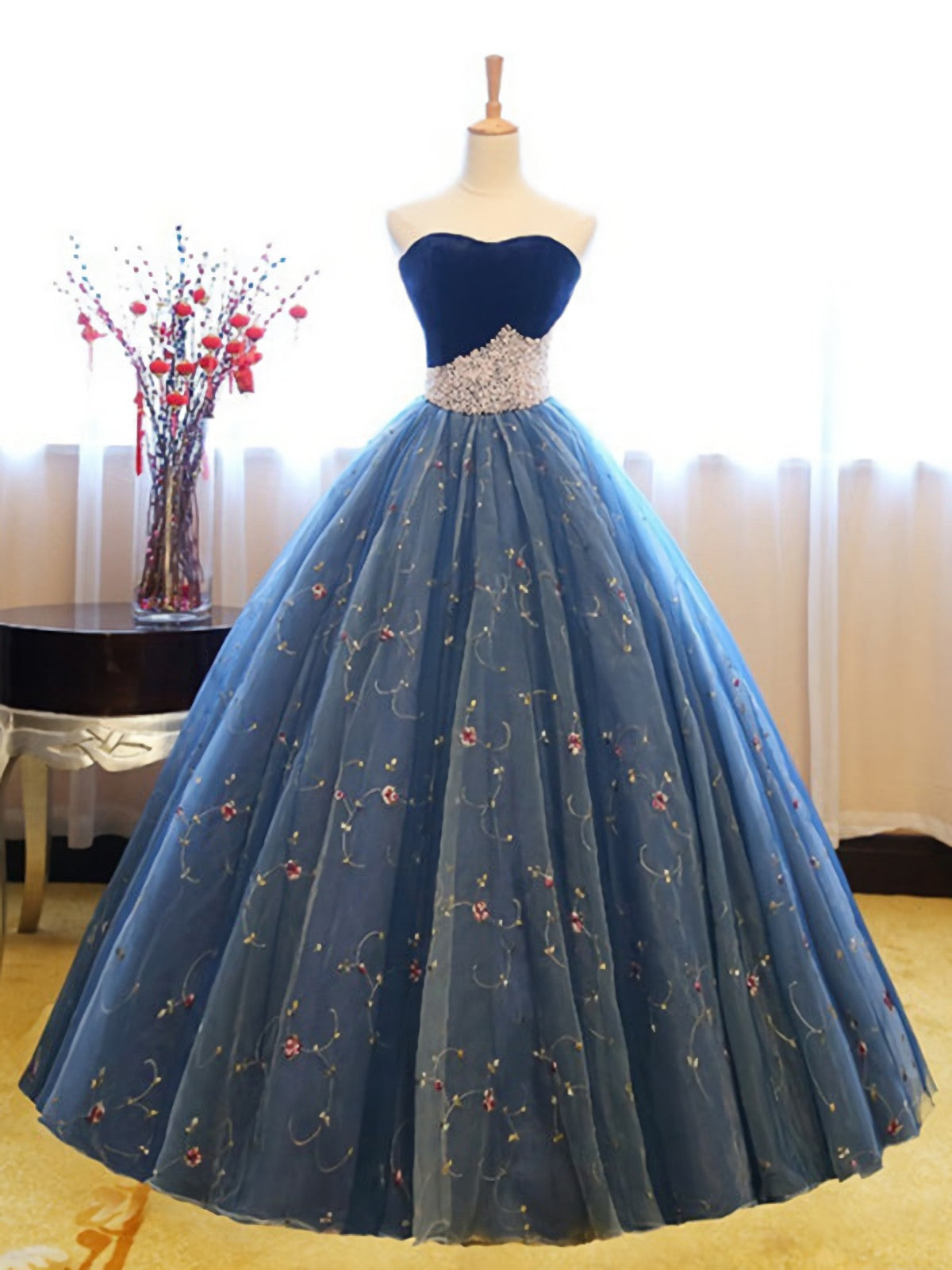 Formal Dress Elegant, Strapless Sweetheart Blue Tulle Embroidery Flowers Exquisite 2024 Prom Dresses