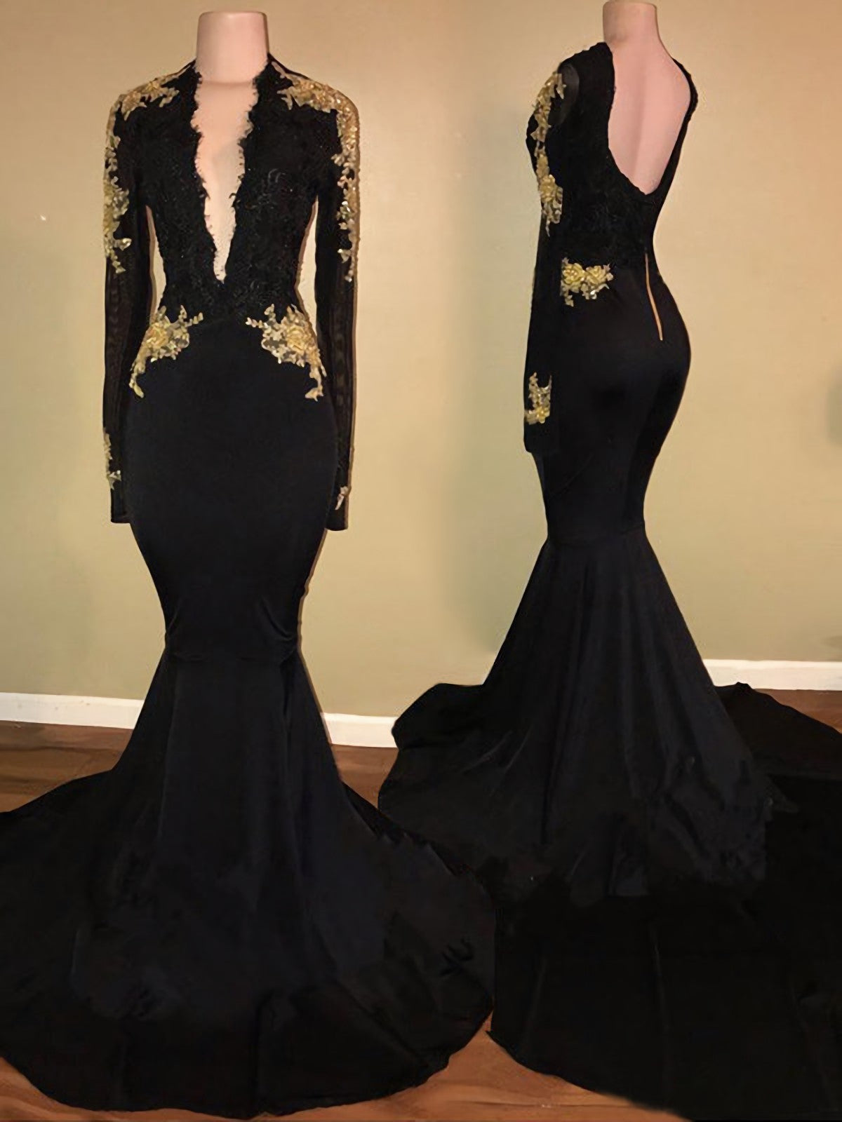 Formal Dresses And Gowns, Deep V Neck Backless Long Sleeve Satin Black Mermaid Appliques 2024 Prom Dresses