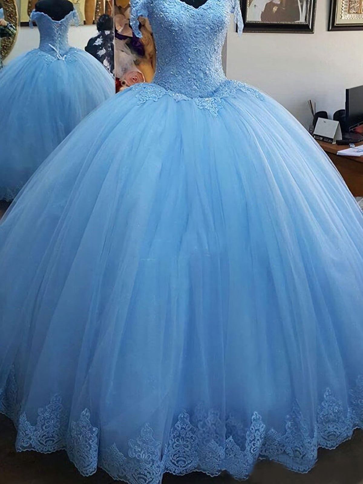 Formal Dress Fashion, Short Sleeve Off The Shoulder V Neck Blue Pleated Lace Appliques 2024 Prom Dresses