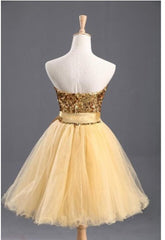 Prom Theme, Strapless Sweetheart Backless Light Yellow Sequins Bow Knot A Line Homecoming Dresses
