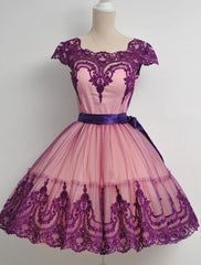 Floral Dress, Square Neck Fuchsia Cap Sleeve A Line Appliques Lace Ribbon Trim Homecoming Dresses