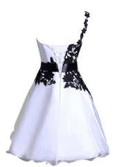 Princess Dress, A Line One Shoulder Lace Up White Satin Appliques Flowers Homecoming Dresses