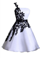 Blue Dress, A Line One Shoulder Lace Up White Satin Appliques Flowers Homecoming Dresses