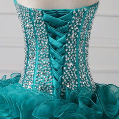 Formal Dresses On Sale, Ruffles Strapless Sweetheart Backless Rhinestone Organza Teal Homecoming Dresses