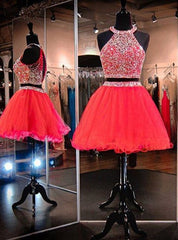 Bridesmaids Dresses Peach, Sleeveless Two Pieces A line Pleated Organza Red Halter Rhinestone Backless Homecoming Dresses