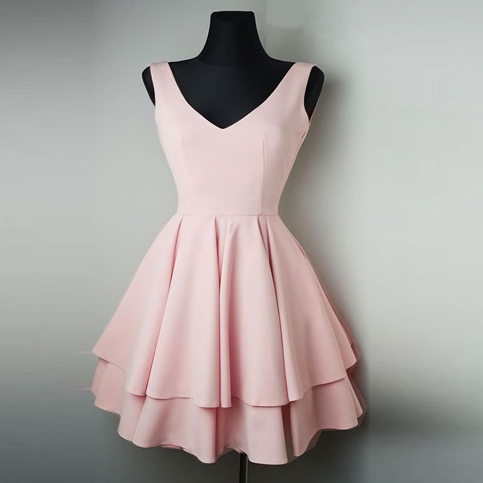 Formal Dress Shop, V Neck Sleeveless Simple A Line Tiered Pleated Satin Charming Homecoming Dresses