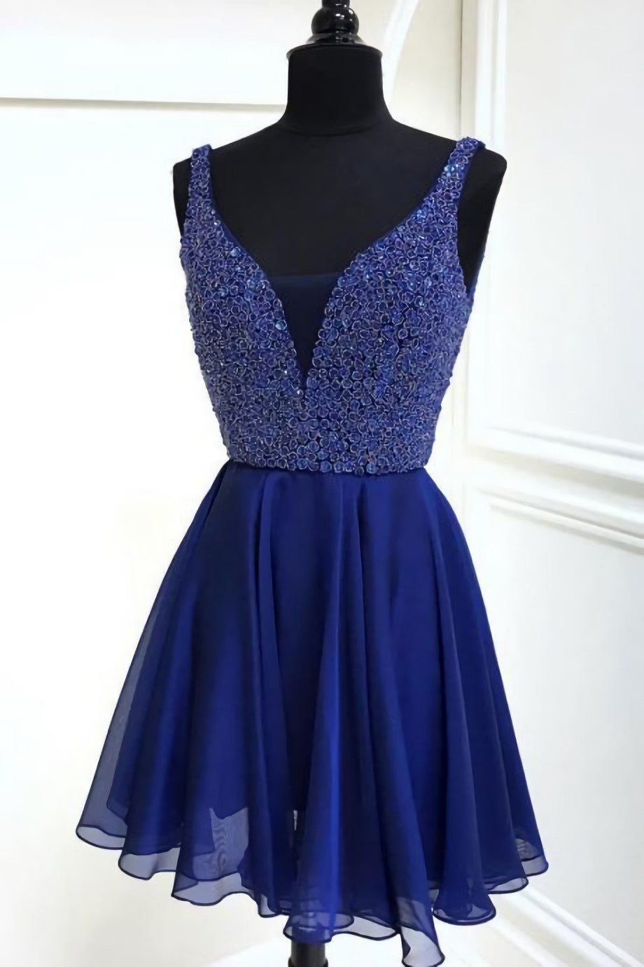 Formal Dress On Sale, Chiffon A Line Royal Blue Deep V Neck Appliques Sparkle Sleeveless Homecoming Dresses