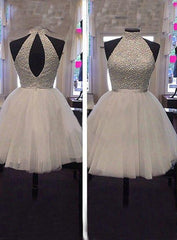 Green Dress, Tulle Sleeveless Halter Backless Cut Out Pleated A Line White Beading Homecoming Dresses