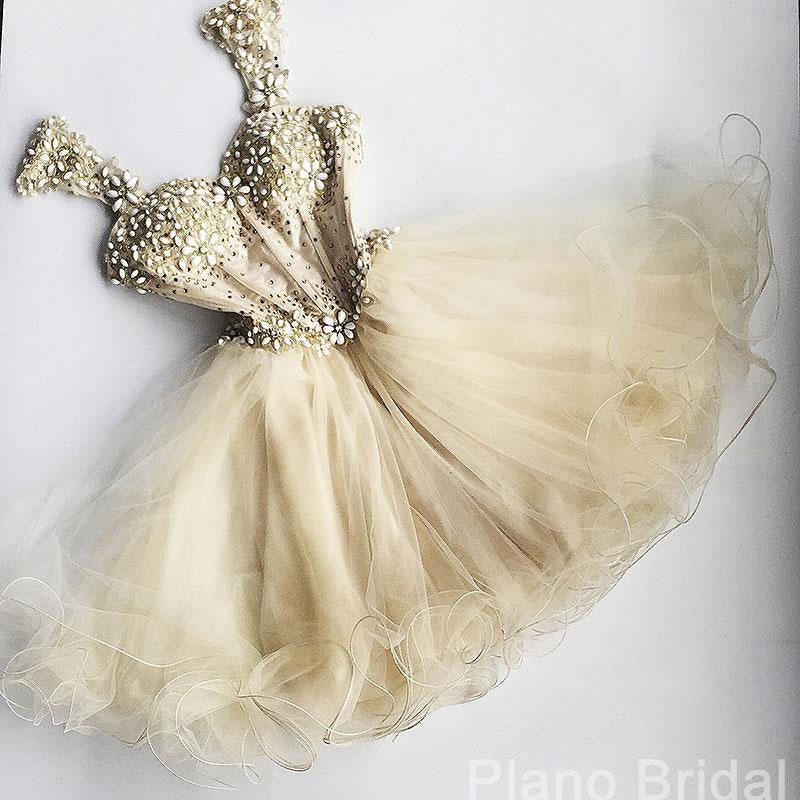 Short Dress, Sweetheart Ivory A Line Organza Pleated Beading Backless Sleeveless Homecoming Dresses
