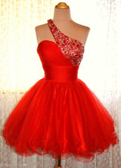 Dream, One Shoulder Red Sleeveless A Line Organza Pleated Rhinestone Homecoming Dresses