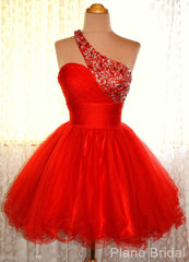 Prom Dress For Kids, One Shoulder Red Sleeveless A Line Organza Pleated Rhinestone Homecoming Dresses