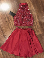 Bridesmaid Dress Dusty Rose, Halter Sleeveless Red A Line Two Pieces Beading Satin Pleated Short Homecoming Dresses